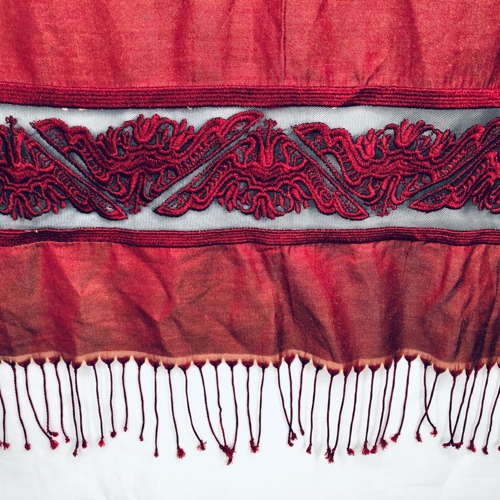 D&C Scarf Red Beige Embroidered Silky 27”X 70”